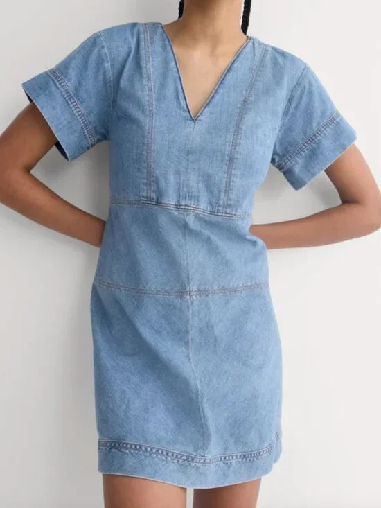NWT Womens Everlane Denim Short-Sleeve Dress - Light Indigo - Size 2 - Picture 1 of 9